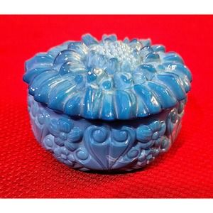 Reidel Bohemian Czech Blue Malachite Glass Powder Box SunFlower Design